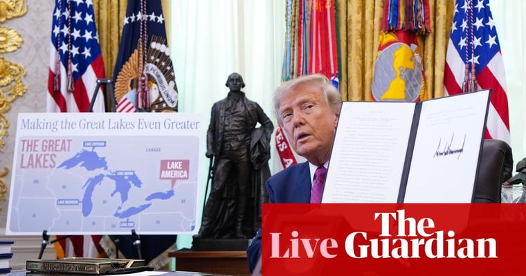 Trump signs order to rename Lake Ontario as Lake America amid Canada trade war – US politics live